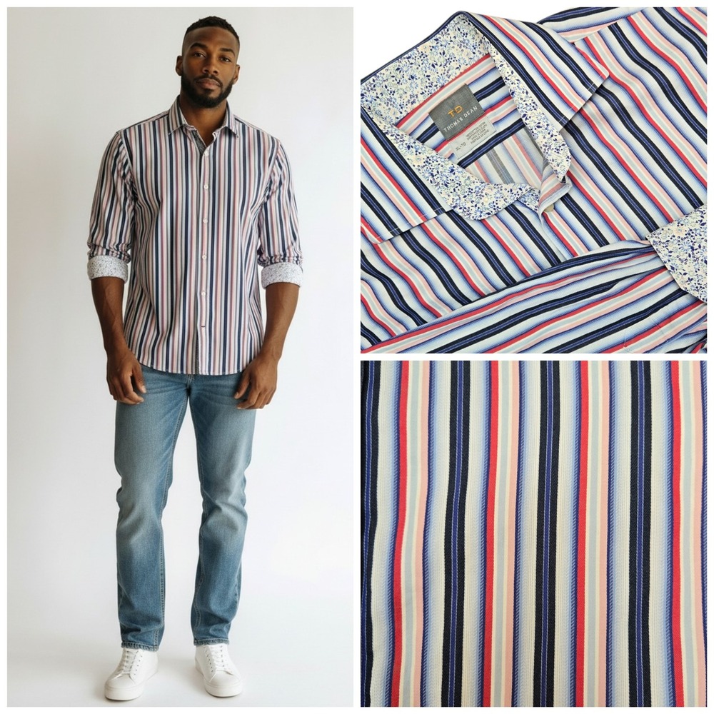 Thomas Dean Mens XL Striped Button Down Shirt Blue Red White‎ Floral Trim Cotton
